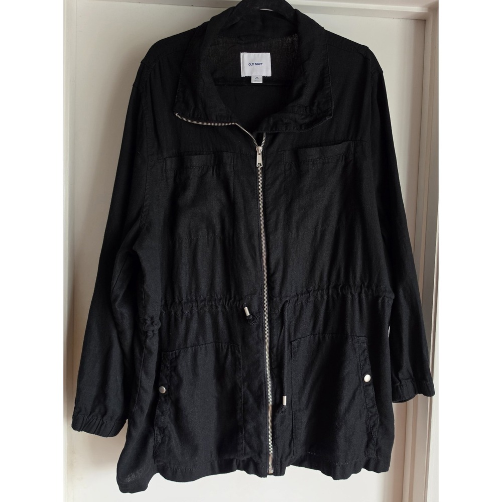 Old Navy Women Linen Jacket 2X Plus Black Solid Long Sleeve Blazer Coat